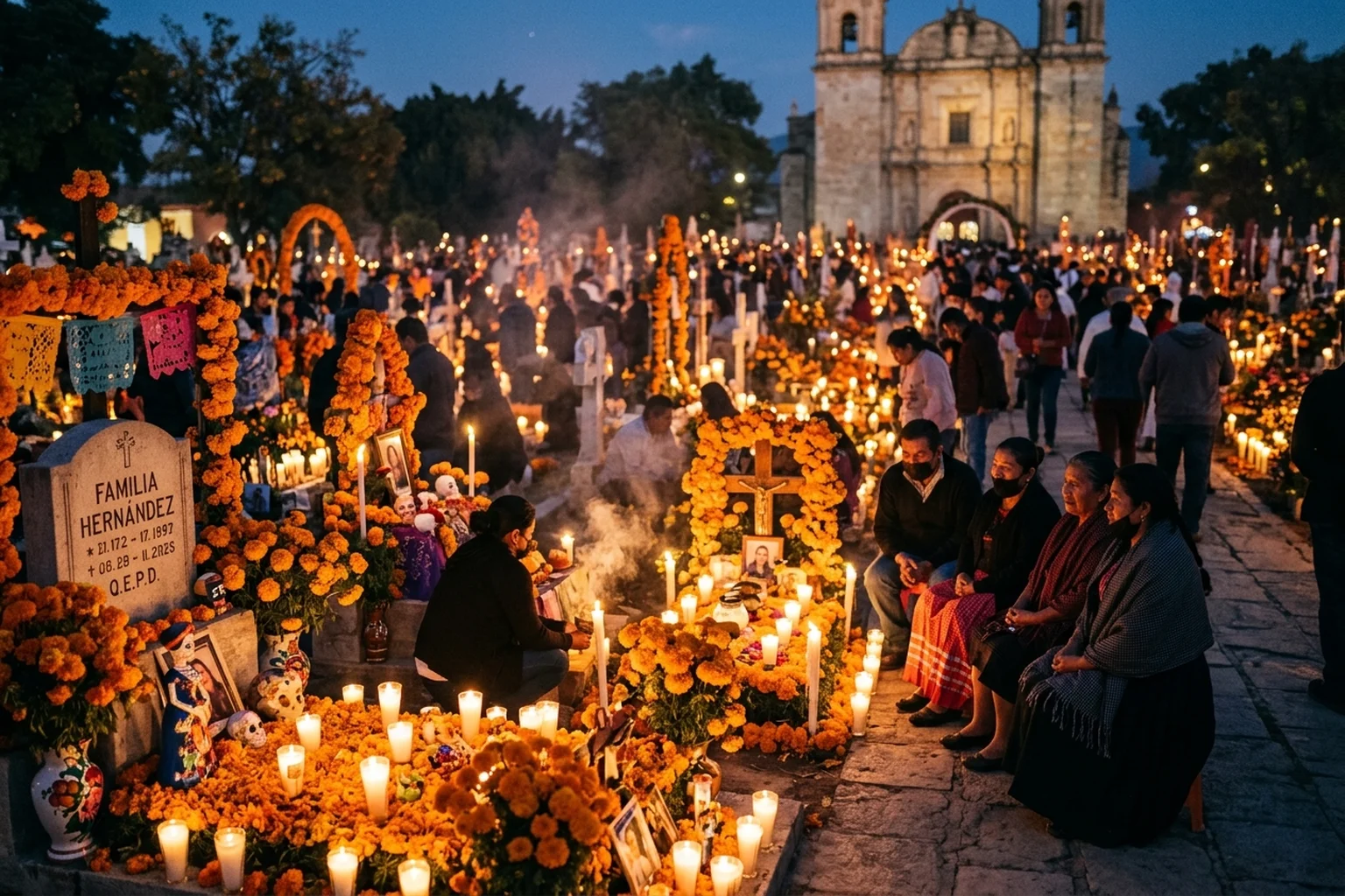 Candlelit cemetery vigil with marigolds and decorated graves during Día de Muertos in Mexico