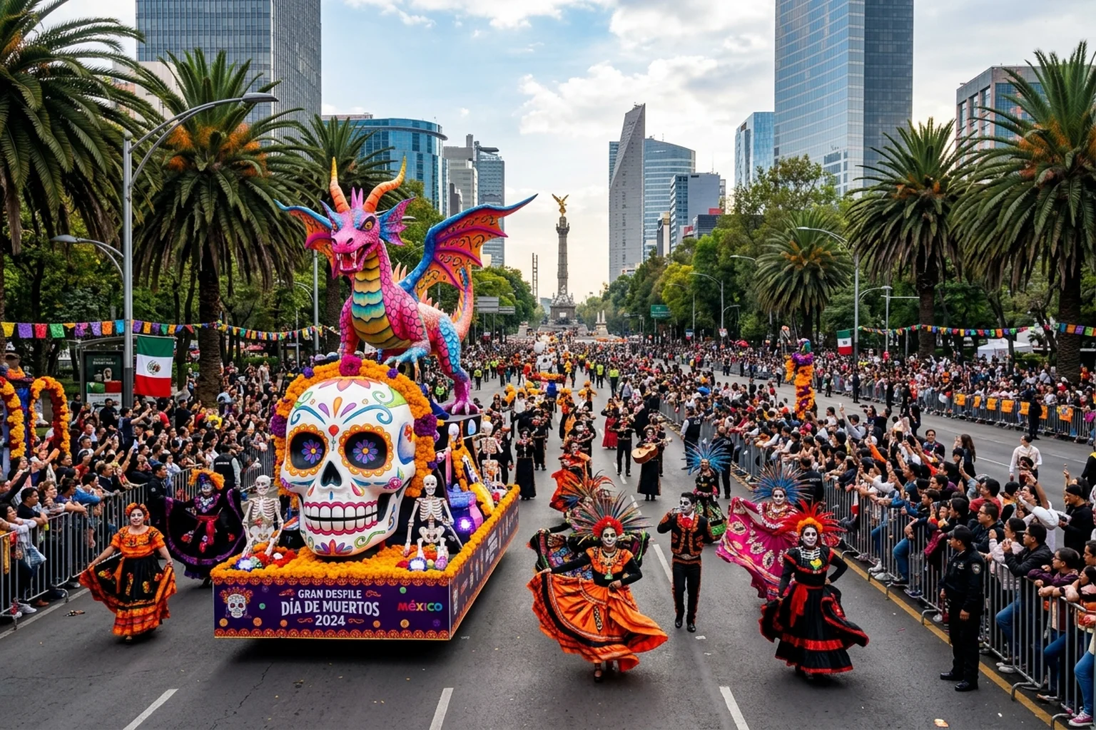 The vibrant Gran Desfile de Día de Muertos parade with giant sugar skull floats and alebrijes along Paseo de la Reforma