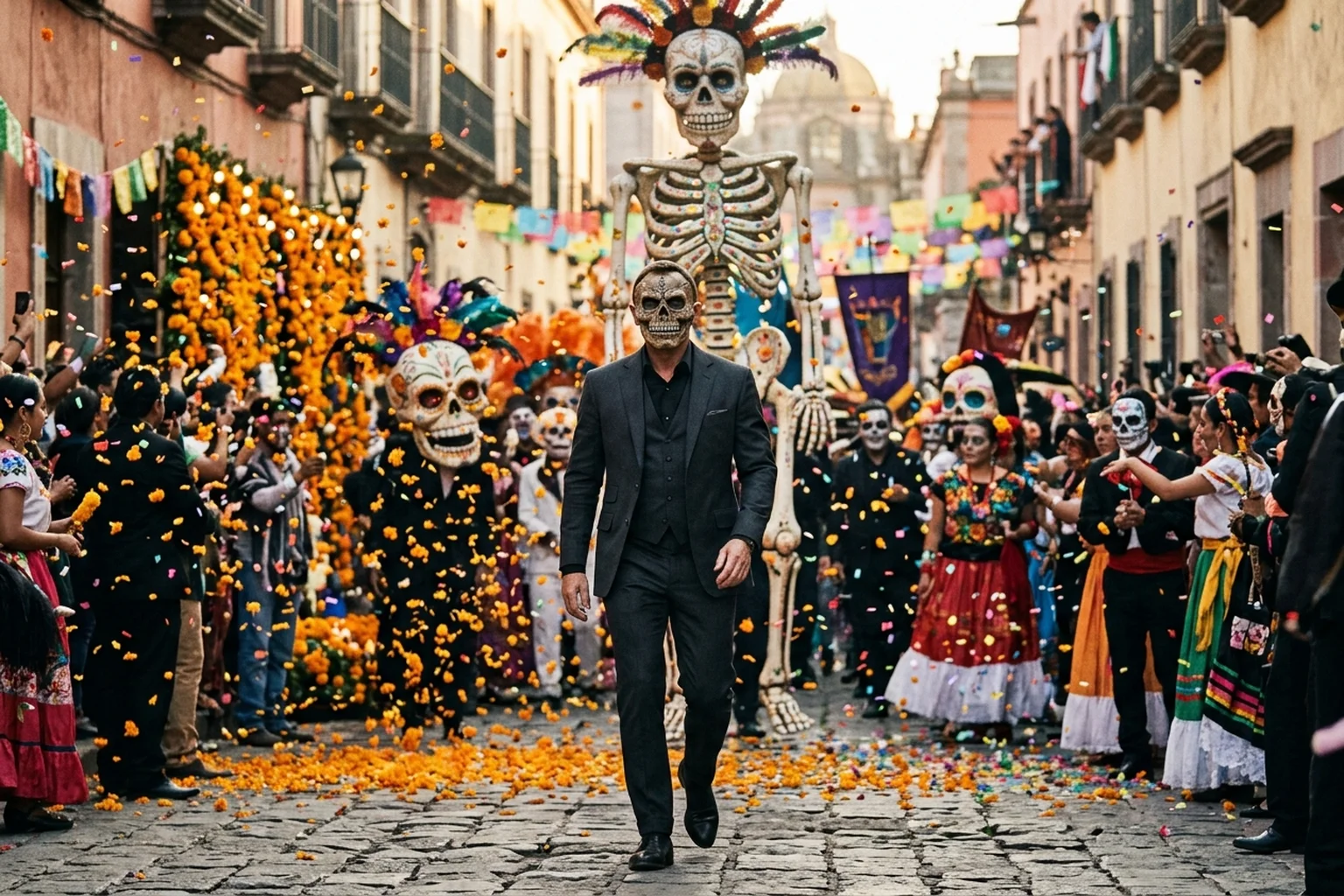 Cinematic scene reminiscent of the James Bond Spectre opening parade in Mexico City with man in sharp suit and skull mask amidst a Day of the Dead procession
