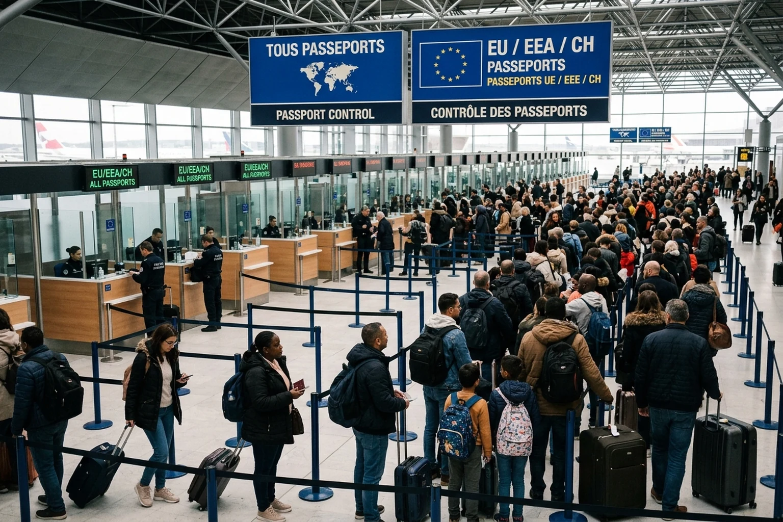 Long passport control queue at a European airport terminal