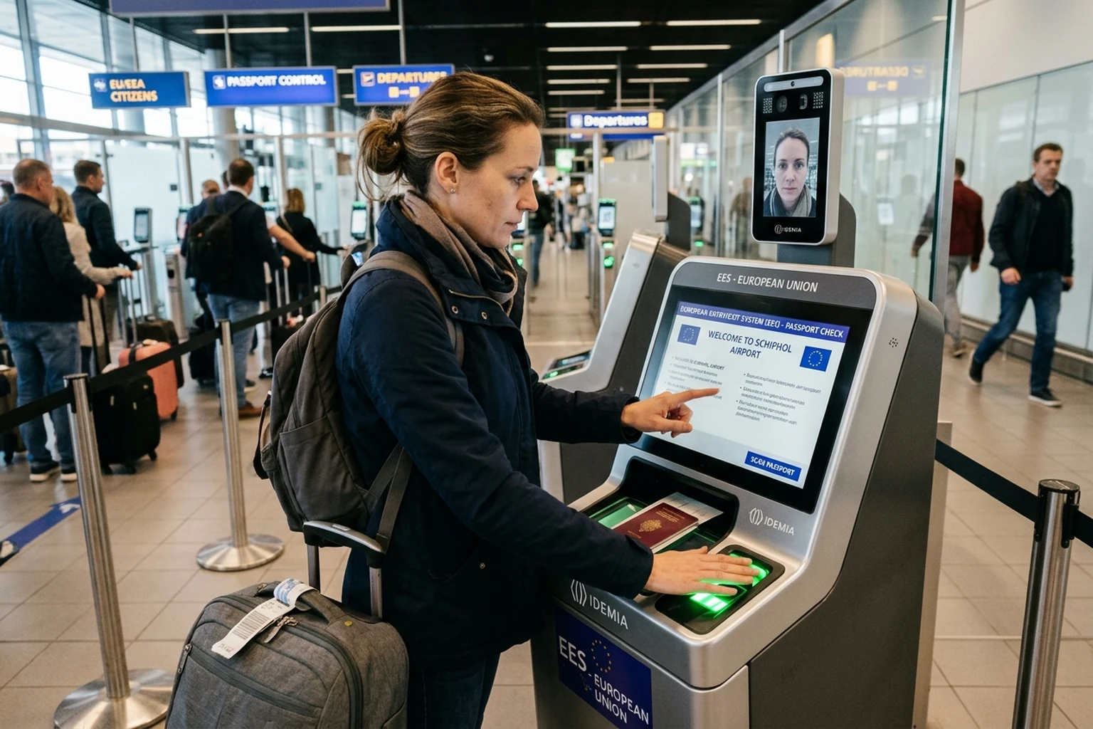 Traveler using an EES biometric enrollment kiosk