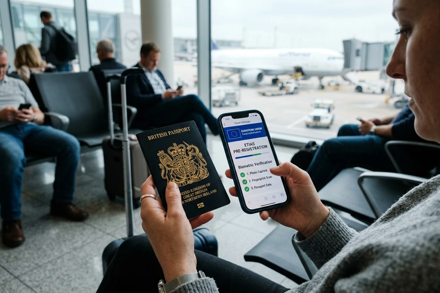 Hand holding a phone with a travel app and a passport at a European airport