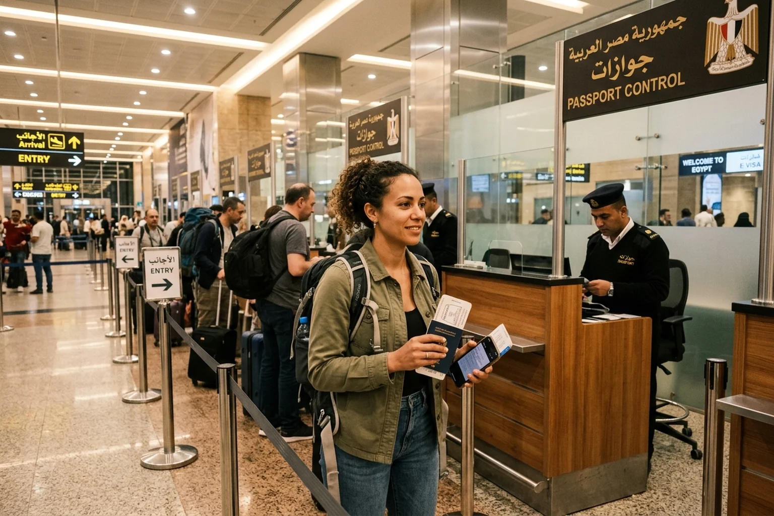 Traveler at an Egyptian airport passport control desk holding a passport and phone