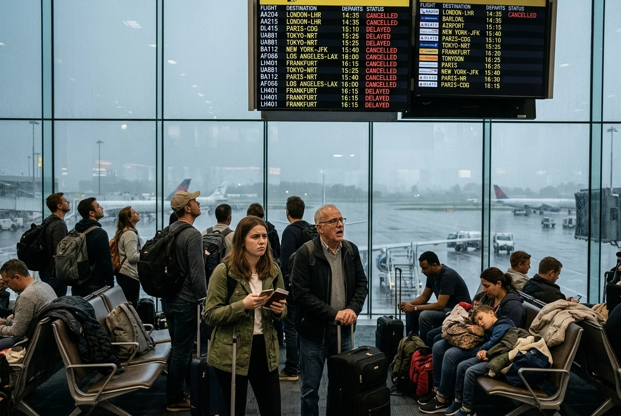 Airport terminal departure screen showing weather delays and cancellations with waiting passengers