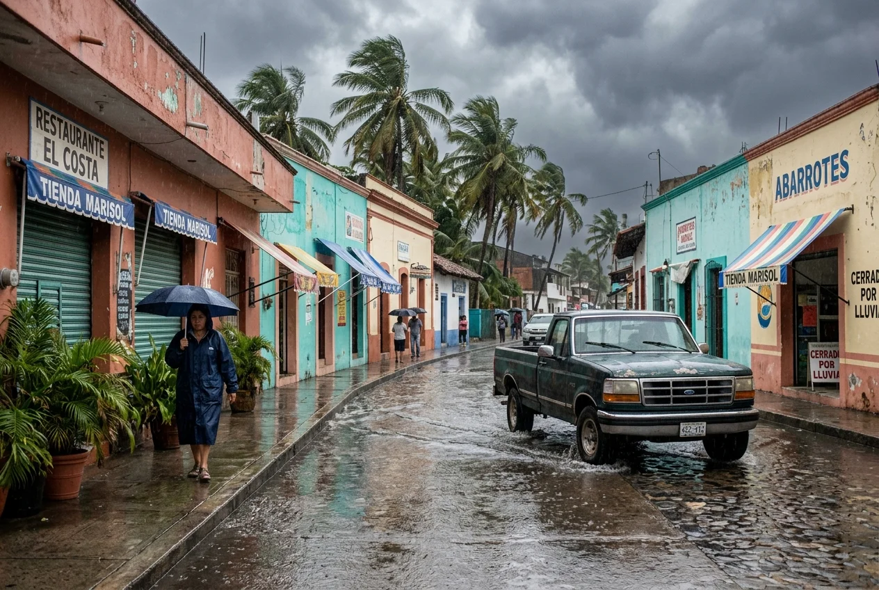 Vehicle navigating a flooded street in a tropical coastal town during heavy rainfall