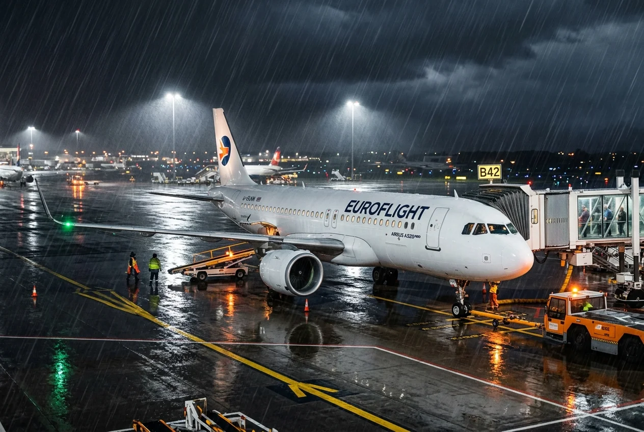 Commercial airliner parked at an airport terminal gate during a heavy rainstorm with wet tarmac reflections