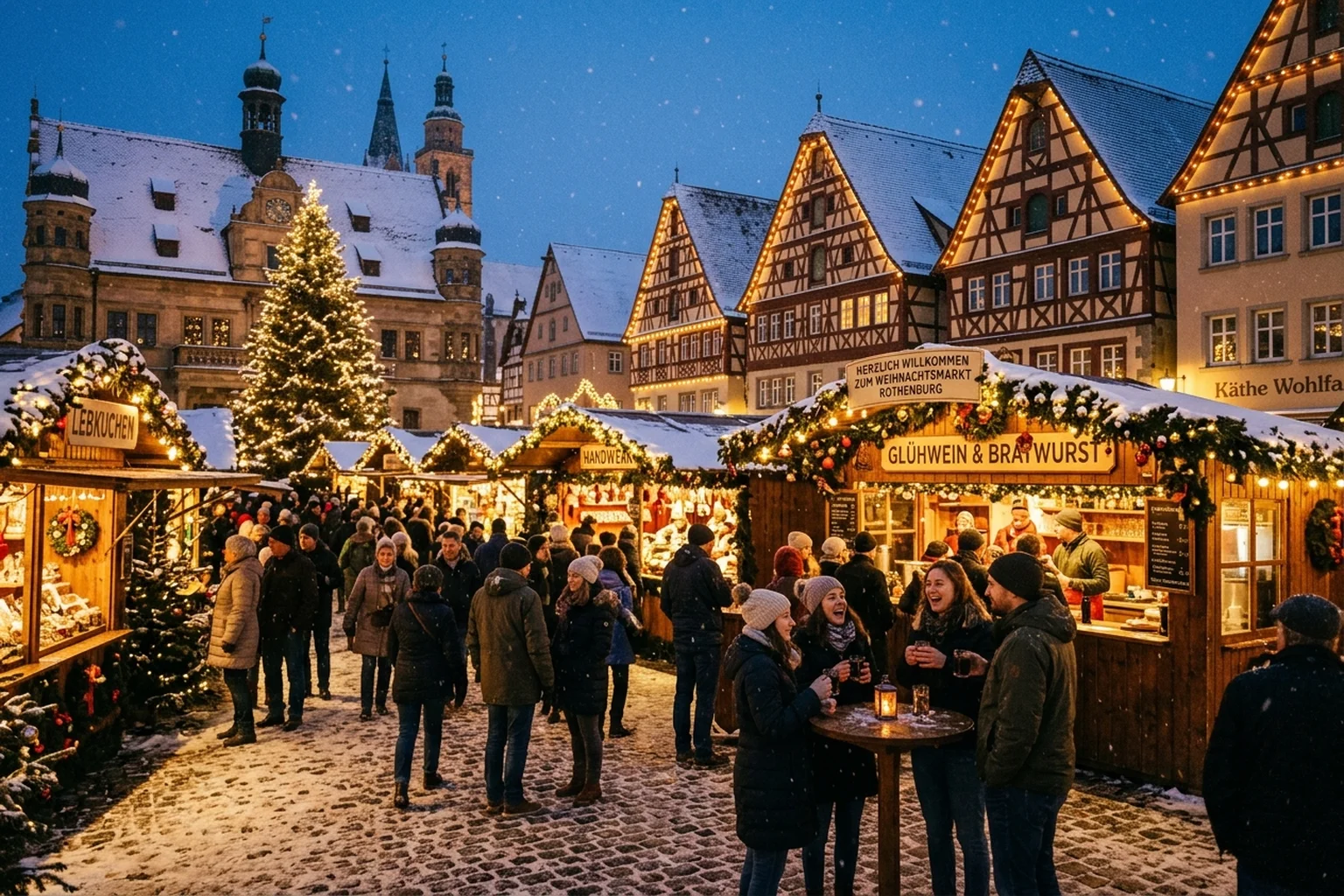 Festive evening crowd enjoying Glühwein at a traditional German Christmas market surrounded by illuminated wooden stalls