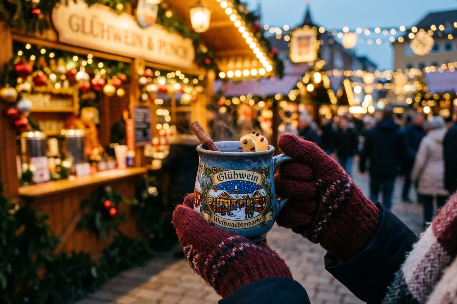 Close-up of hands holding a warm decorative ceramic Glühwein mug at an evening Christmas market