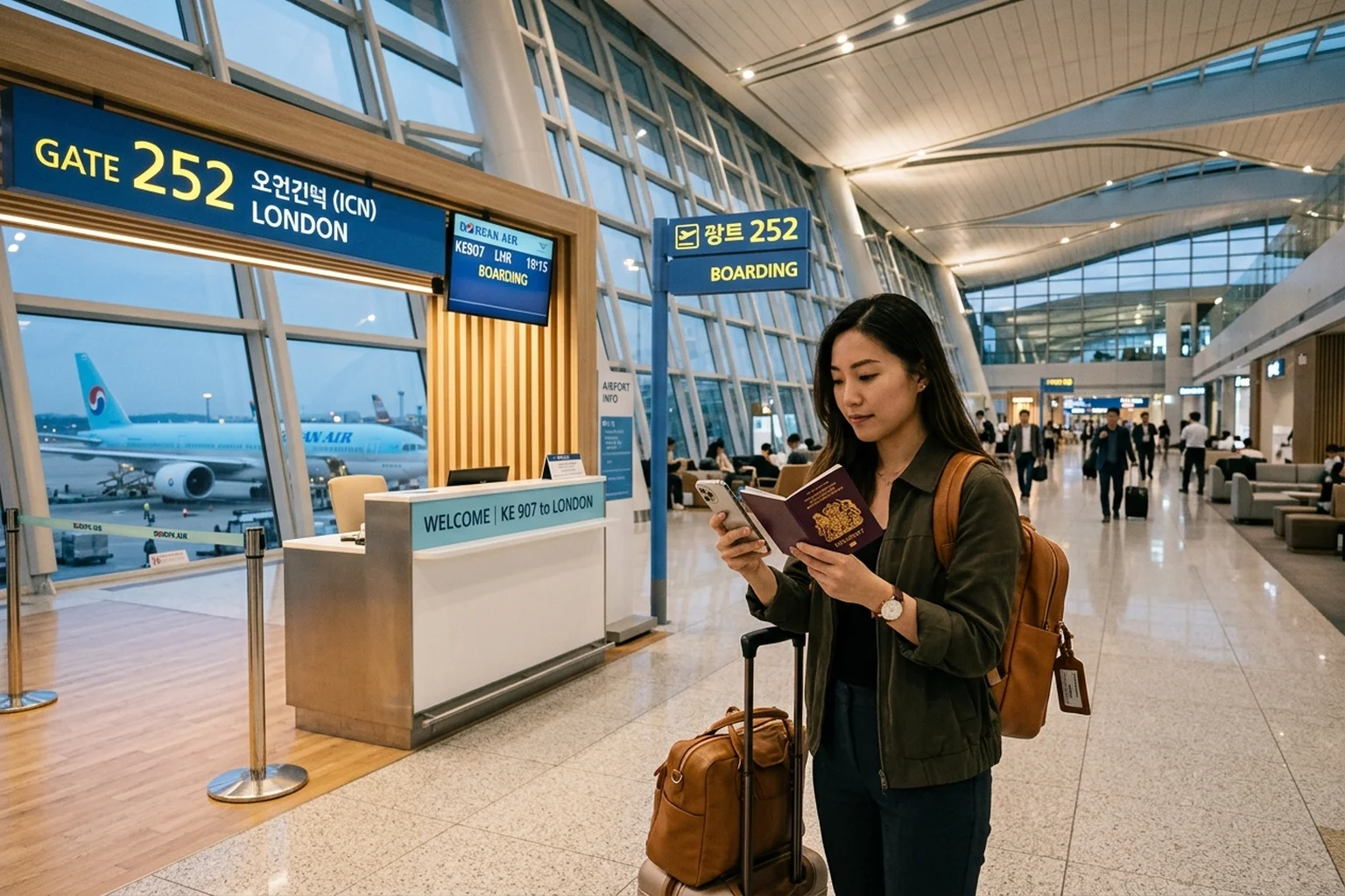 Traveler checking in with a passport and mobile phone at modern Incheon International Airport in Seoul