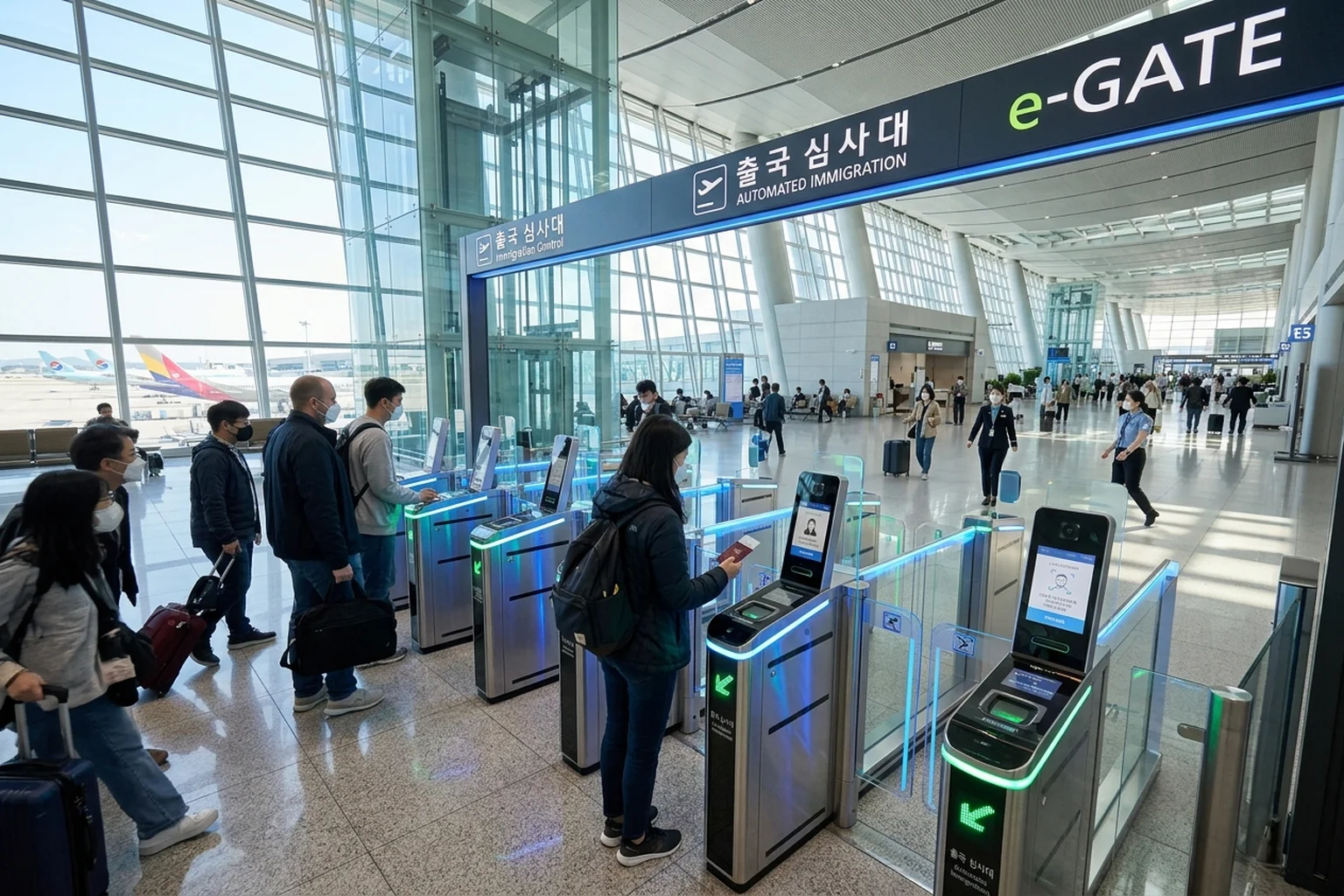 Automated immigration e-gates and digital arrival kiosks at Seoul Incheon International Airport