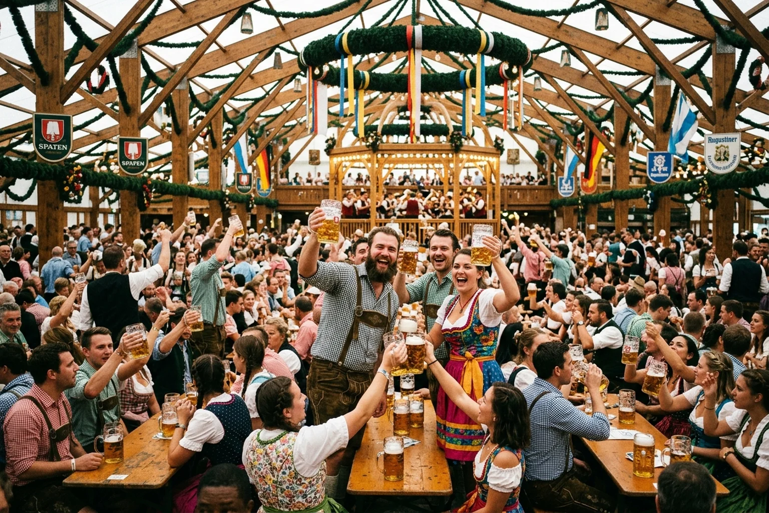 Bustling beer tent at Munich Oktoberfest with festivalgoers gathered around long wooden tables