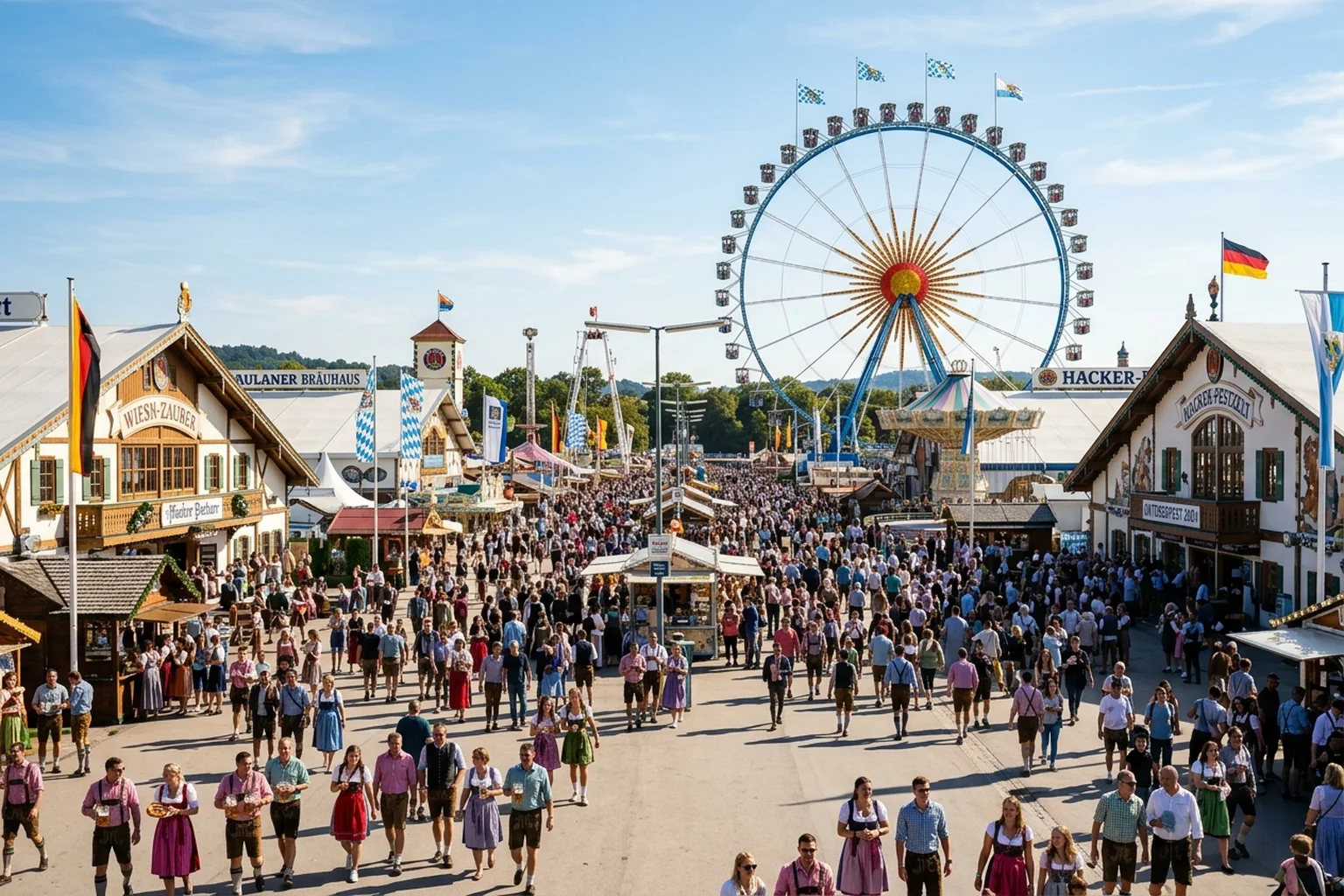 Sunny daytime view of Theresienwiese festival grounds and the giant Ferris wheel during Oktoberfest