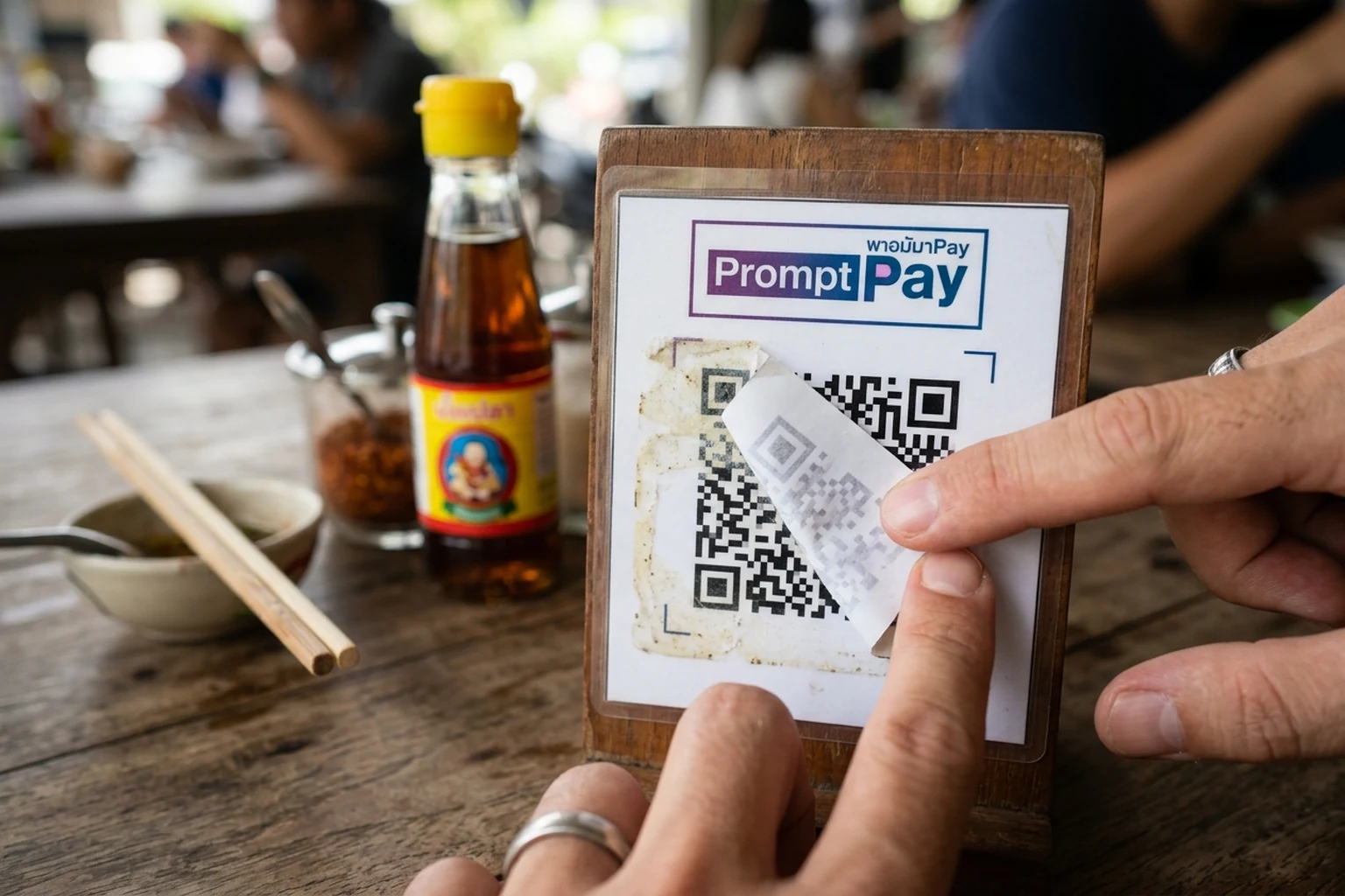 A hand checking whether a QR-code sticker has been pasted over the original code on a Bangkok restaurant table
