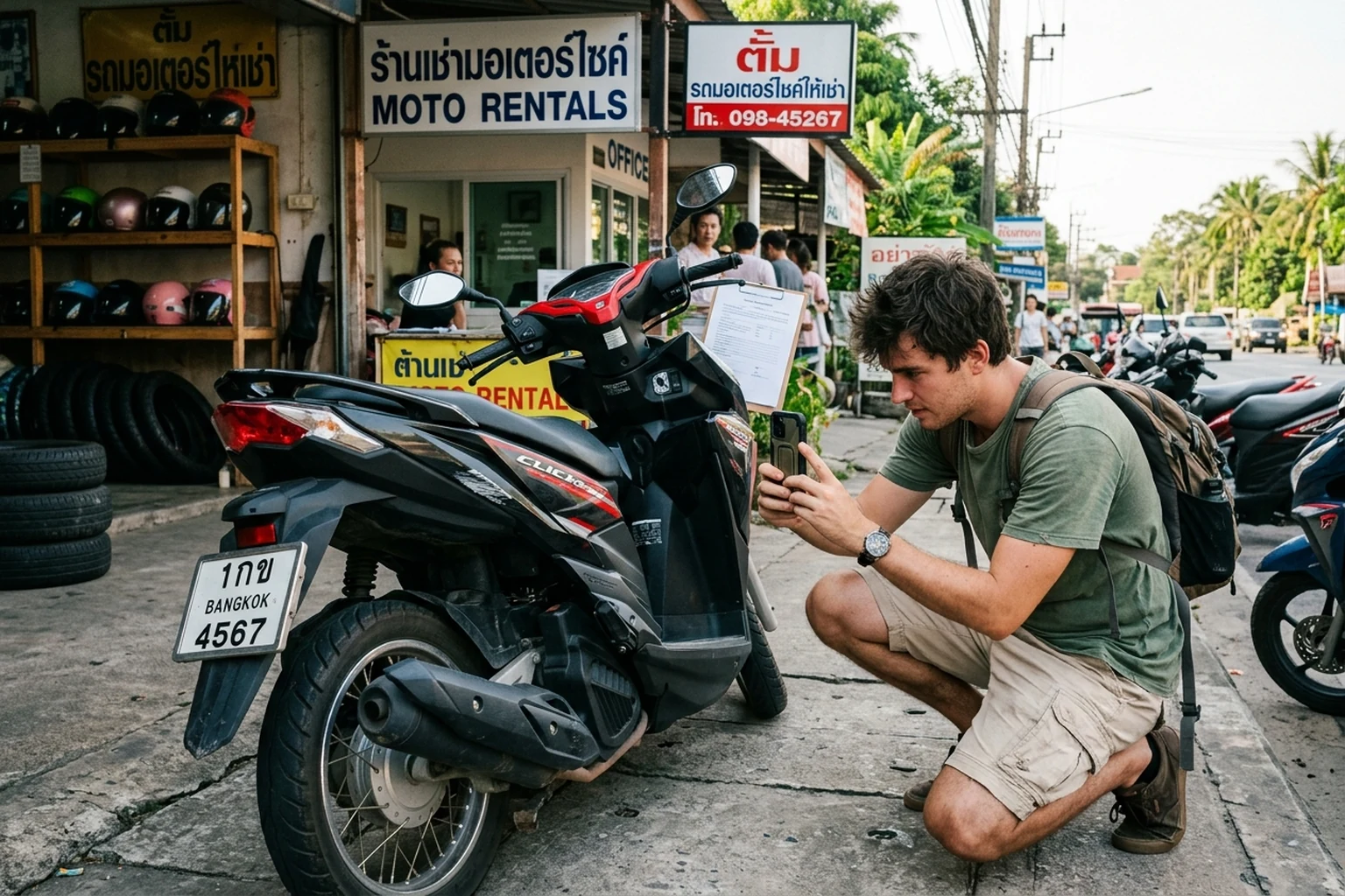 Traveler photographing every side of a rental scooter in Phuket before accepting the keys