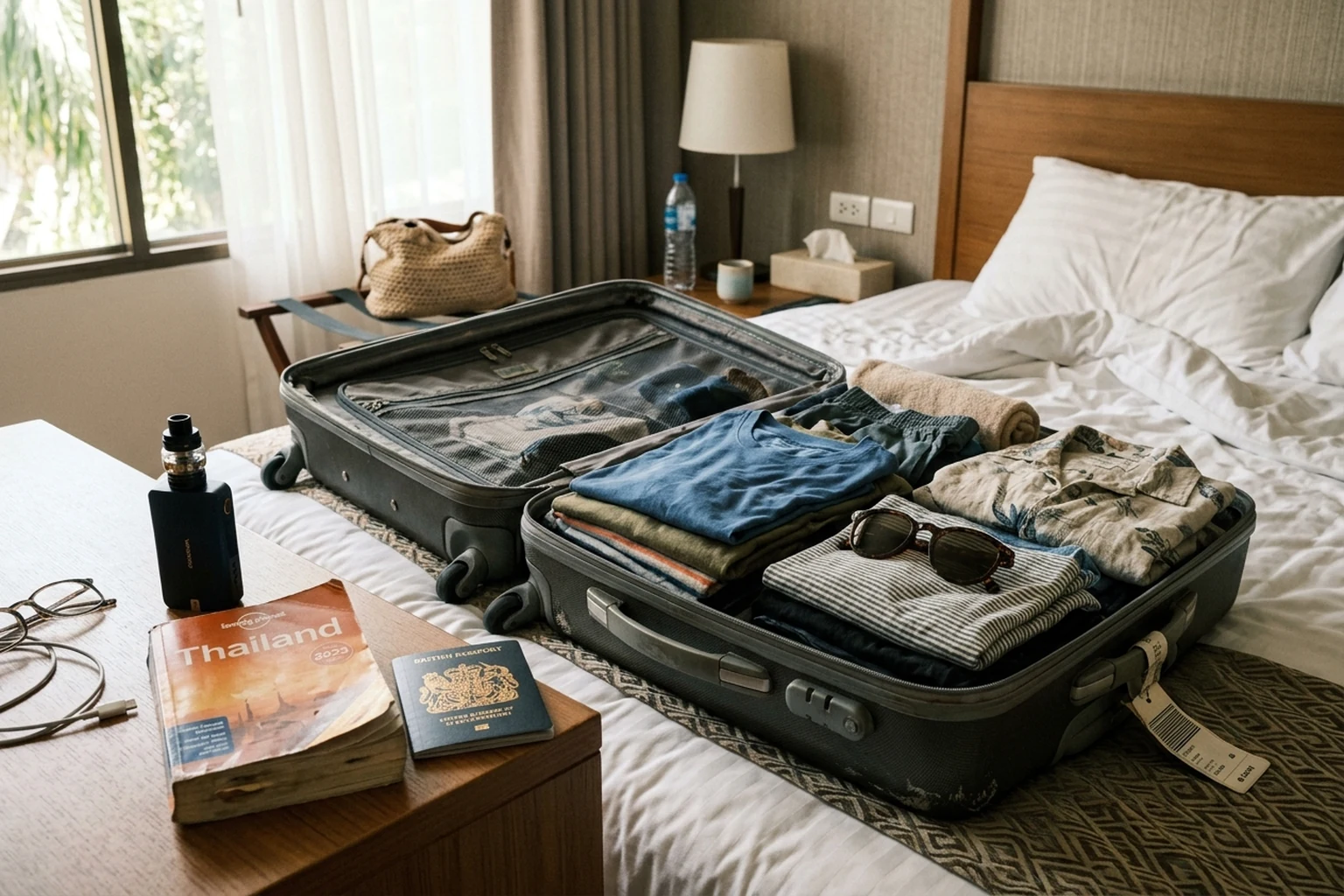 Traveler leaving a vape device at home beside an open suitcase and a Thailand guidebook