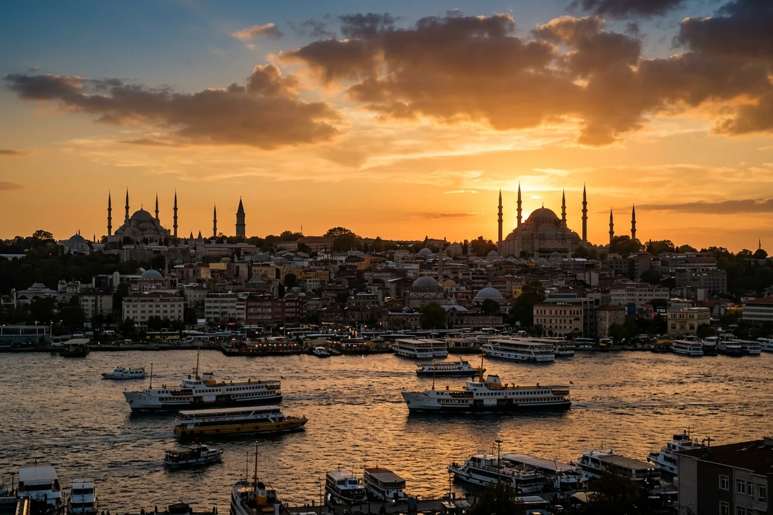 The iconic Istanbul skyline and Blue Mosque minarets at sunset over the Bosphorus strait