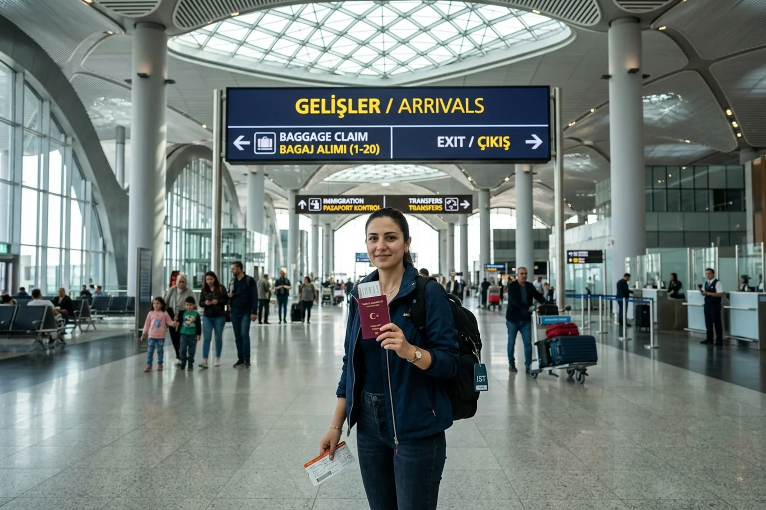 Traveler holding a passport at an airport arrivals hall with Istanbul signage