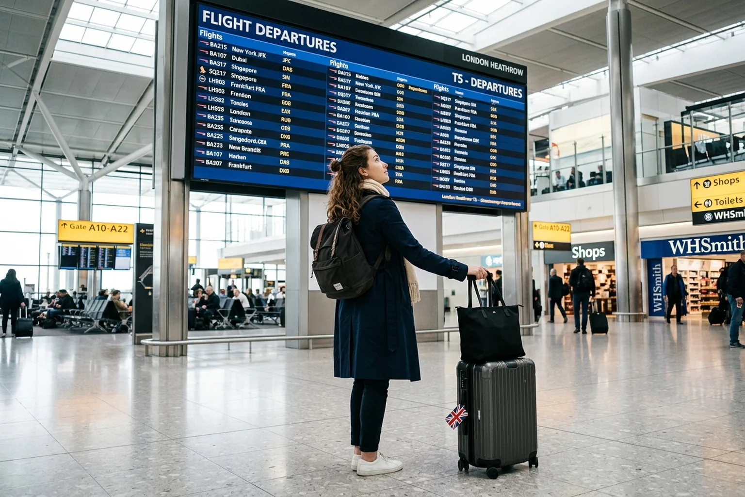 Traveler looking at flight departure boards at London Heathrow airport