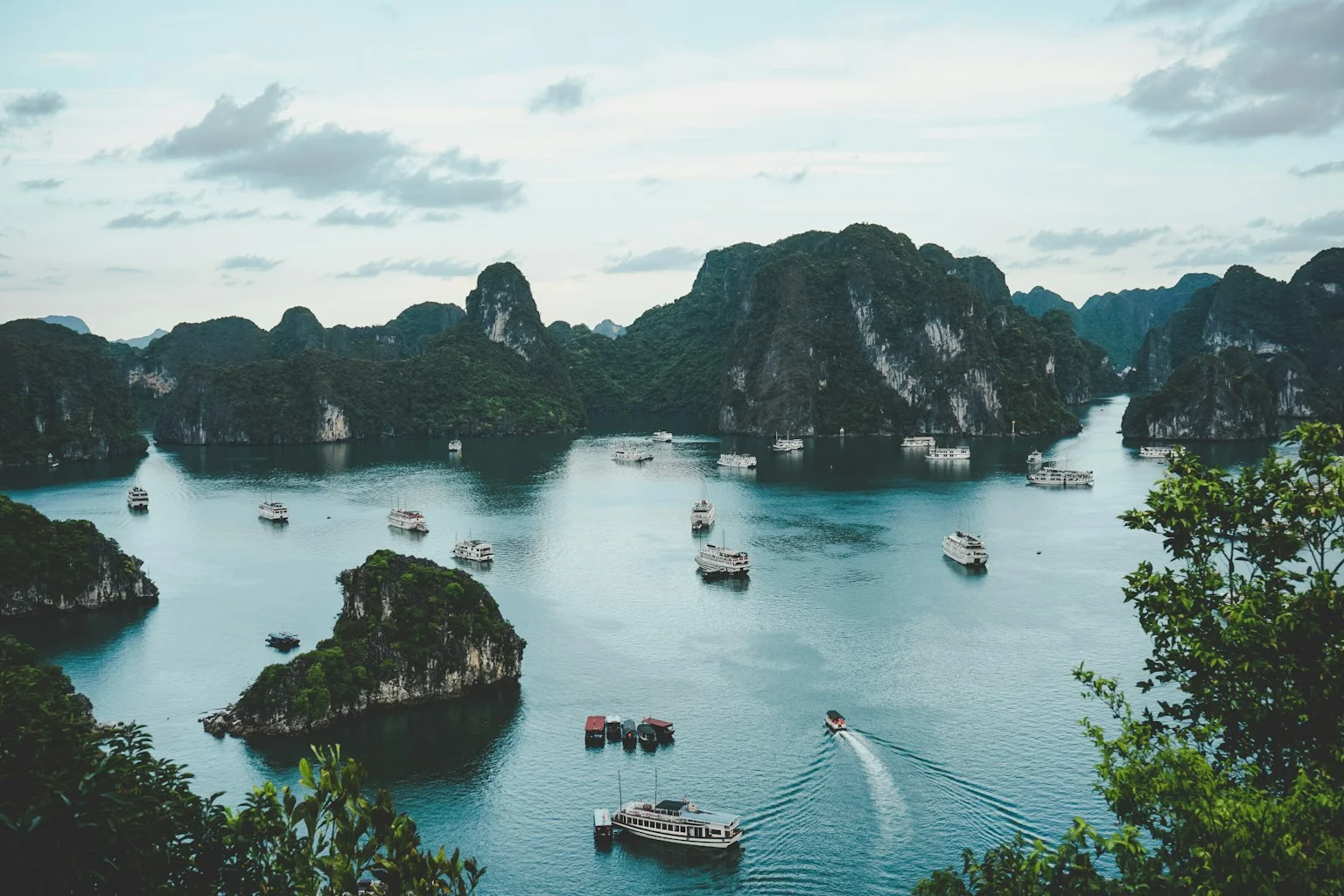 Dramatic limestone karsts and green waters of Ha Long Bay in Vietnam