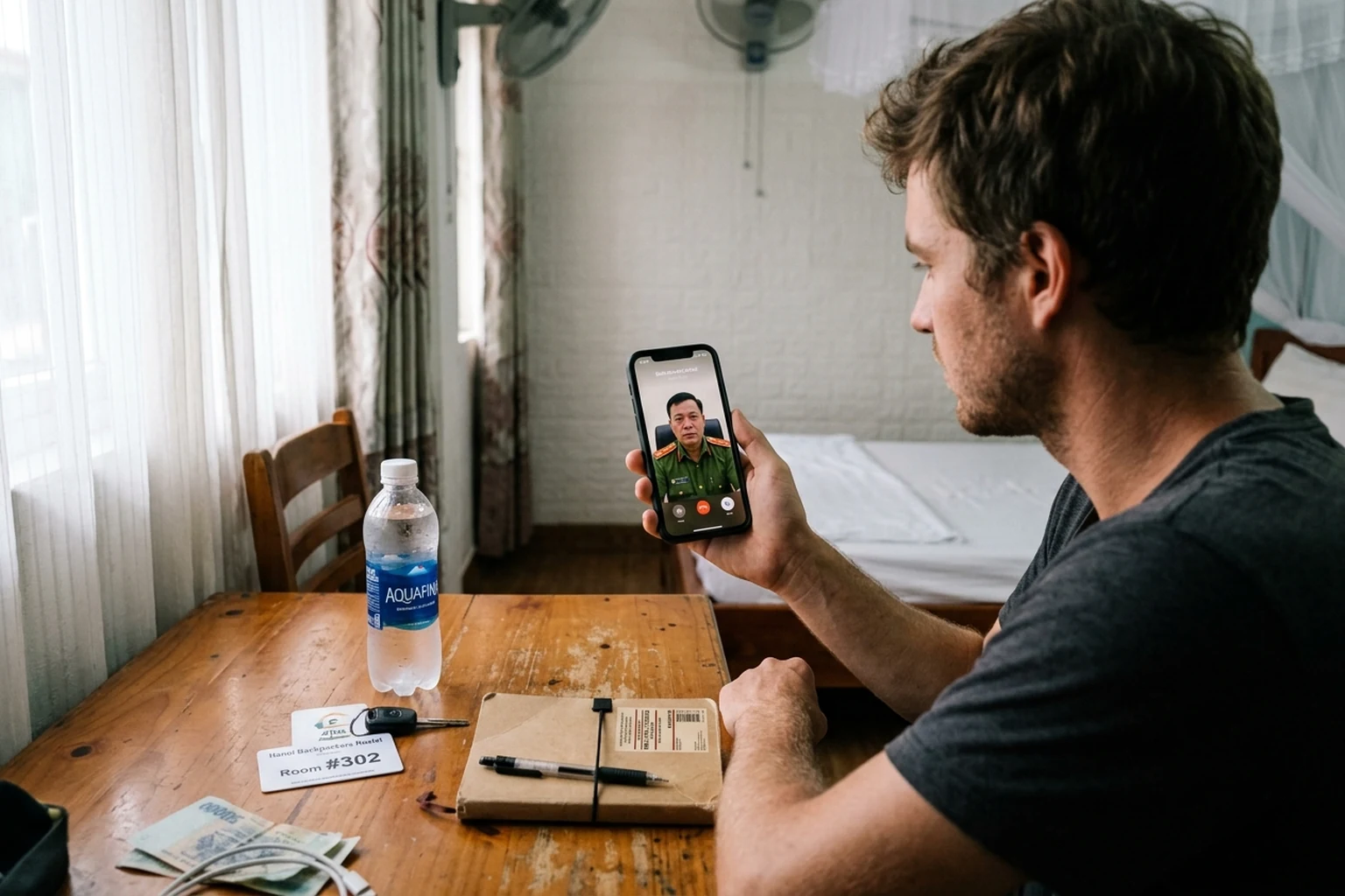 Traveler receiving a suspicious video call from a person in a counterfeit police uniform