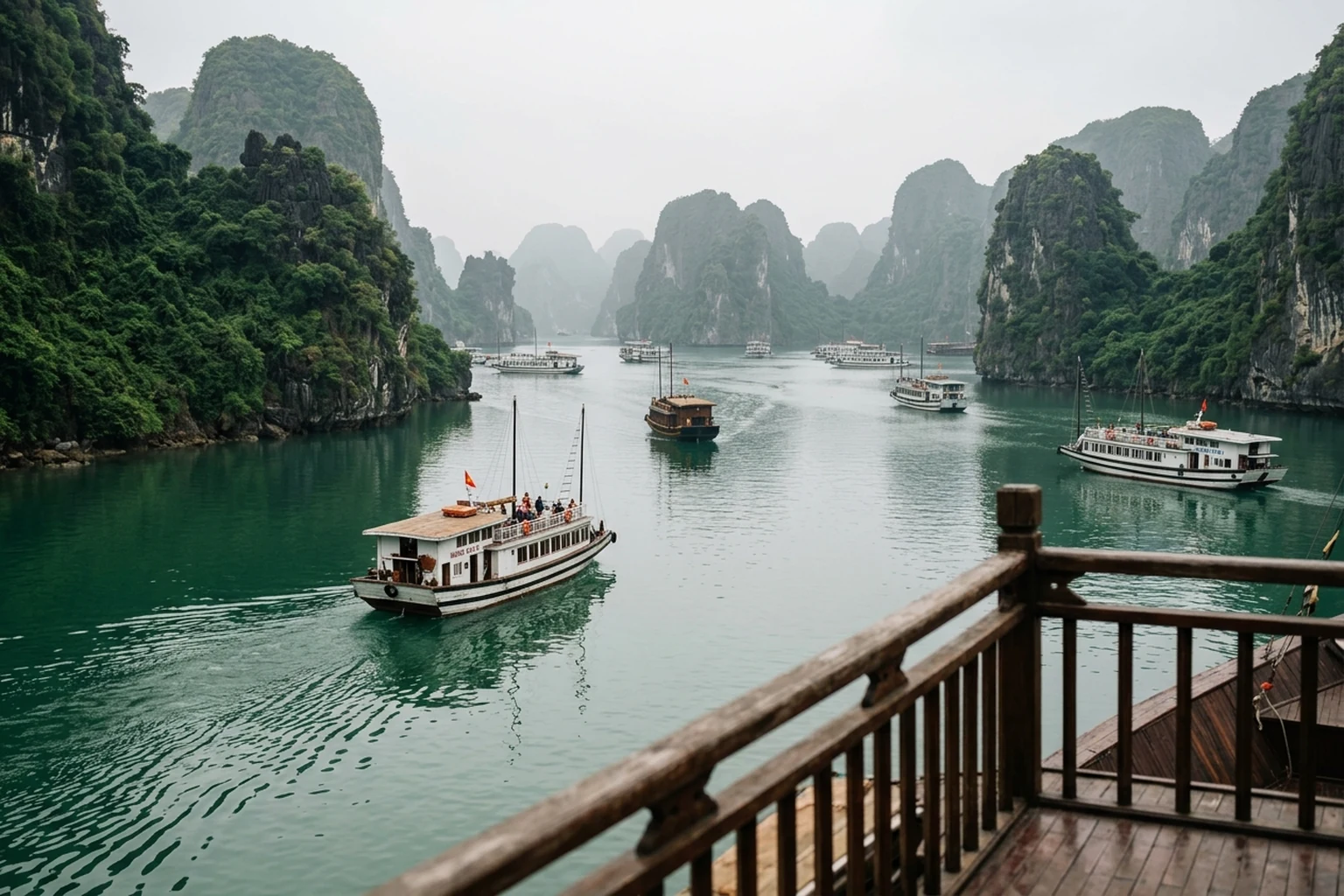 Ha Long Bay excursion boats with limestone islands in the background