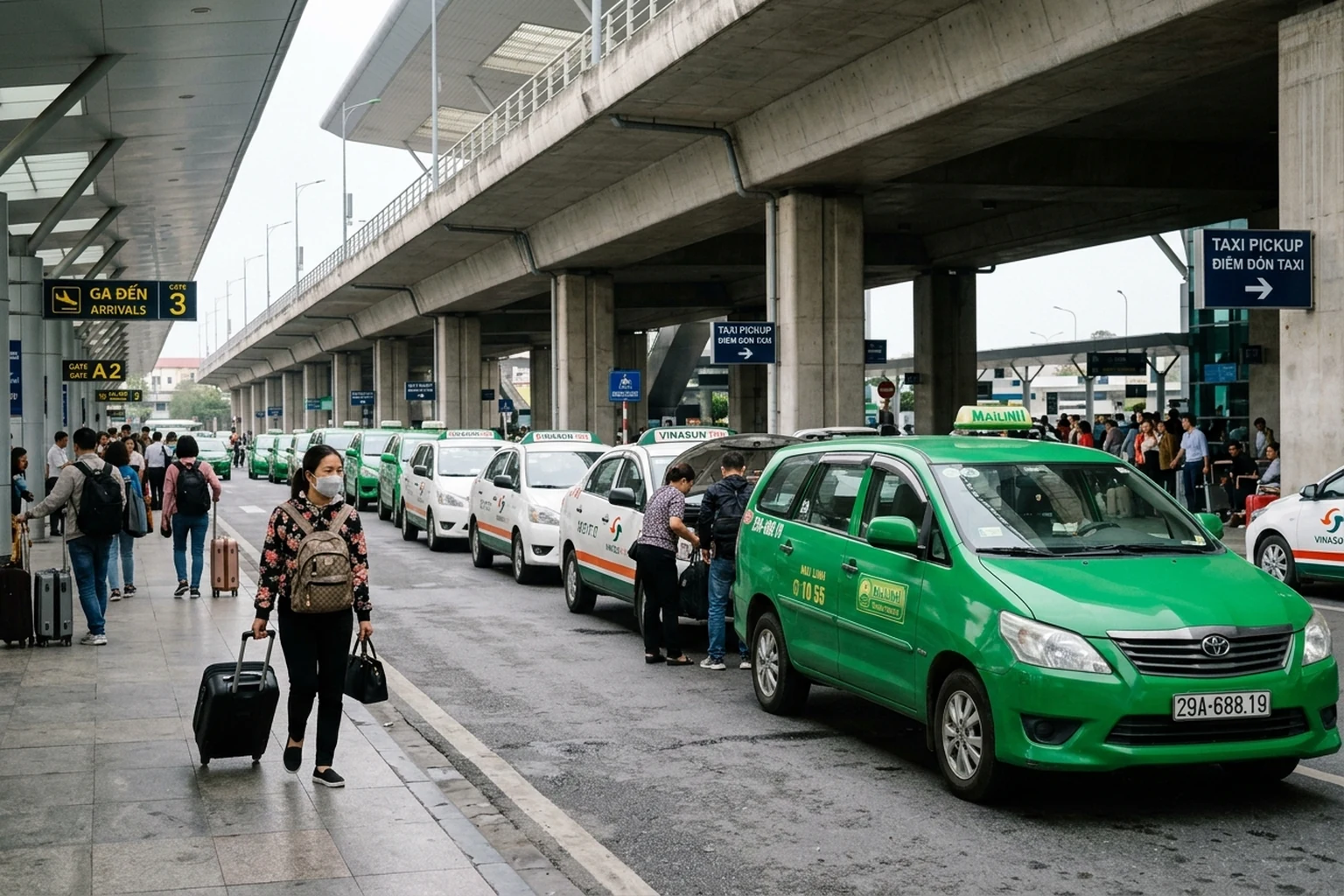 Official Hanoi airport taxi rank with marked taxis waiting outside the terminal