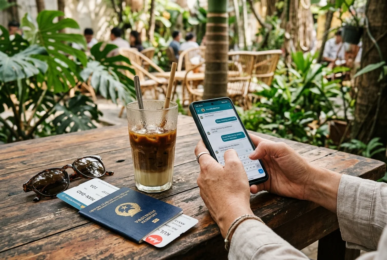Traveler checking a hotel booking message on a smartphone at an outdoor cafe in Vietnam