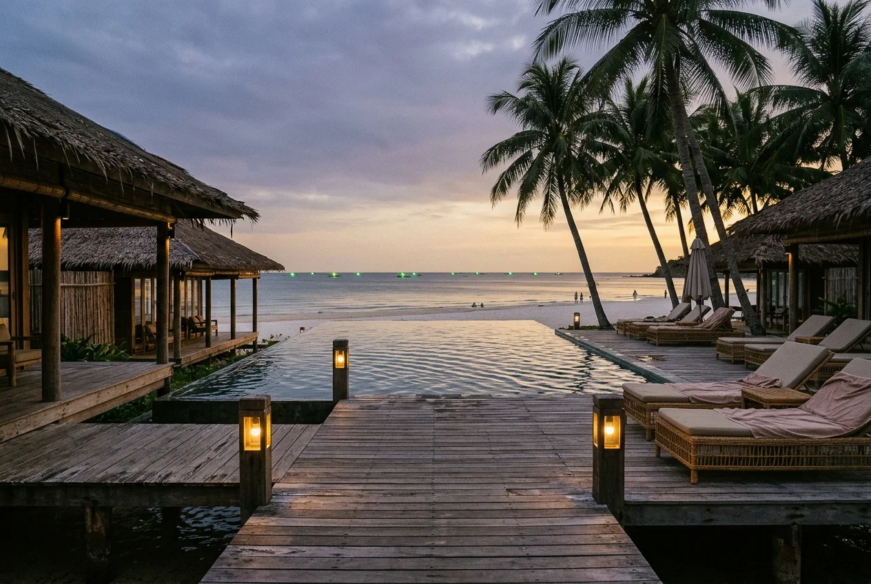 Luxury beachfront eco-resort pool and wooden sundeck at dusk in Phu Quoc, Vietnam overlooking the sea