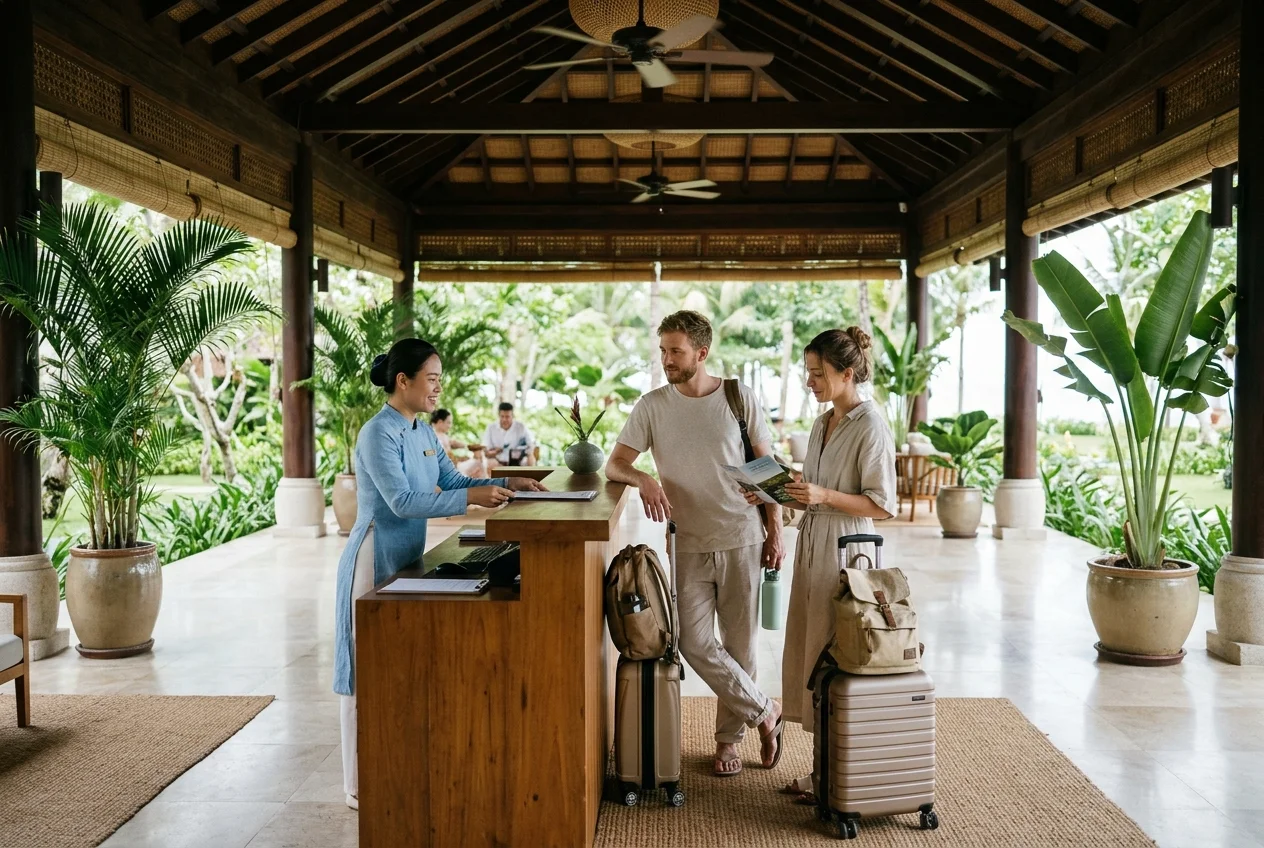 Travelers with luggage checking in at an open-air resort reception desk in Phu Quoc