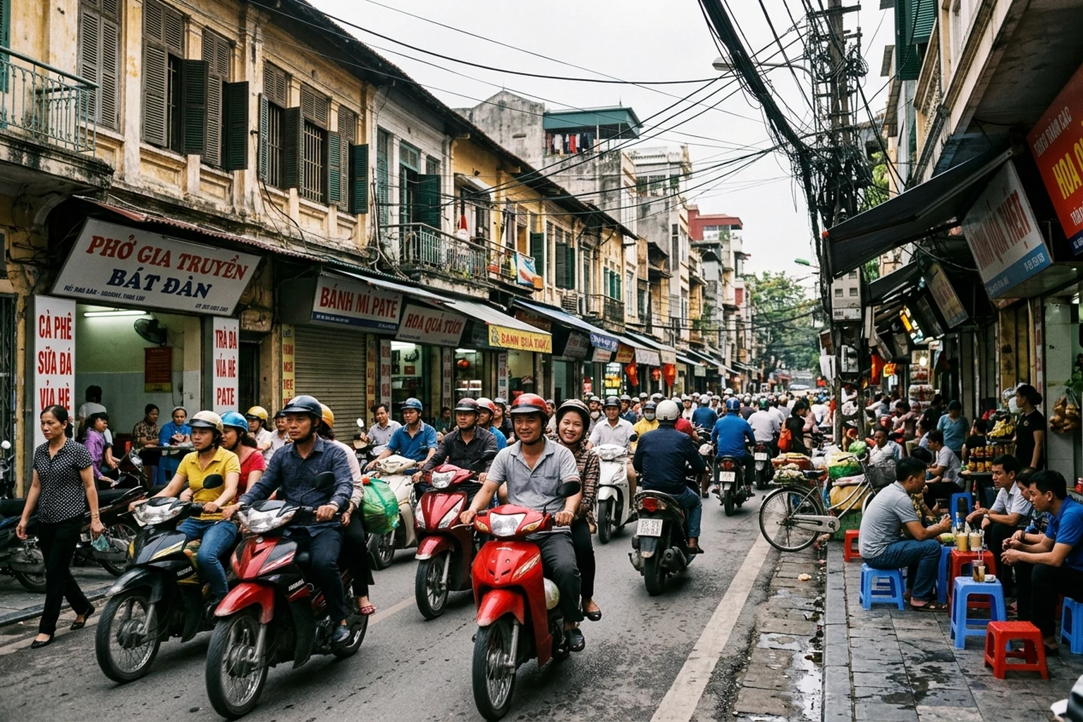 Motorbikes streaming past shophouses in Hanoi's Old Quarter