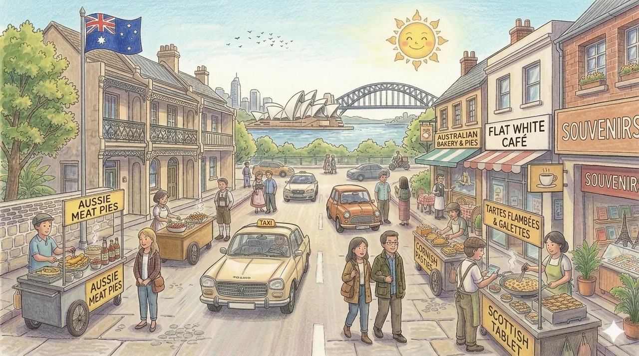 Illustrated storybook street scene in Australia