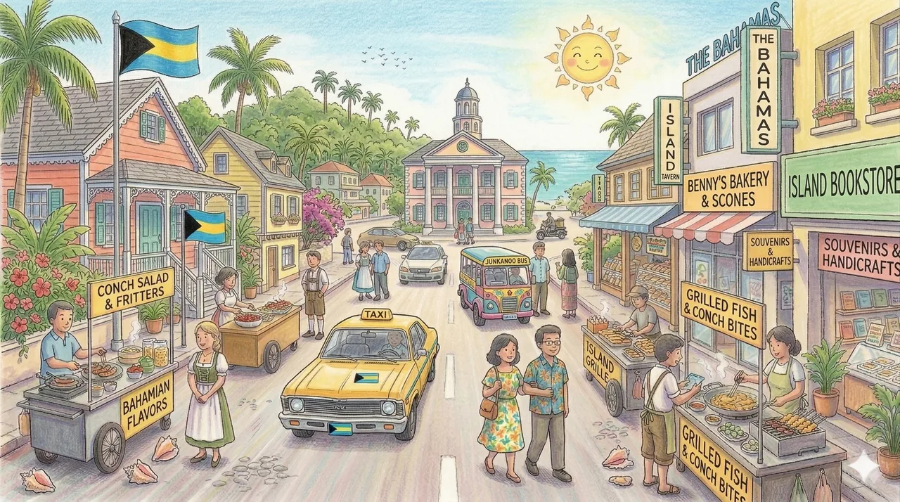 Illustrated storybook street scene in Bahamas
