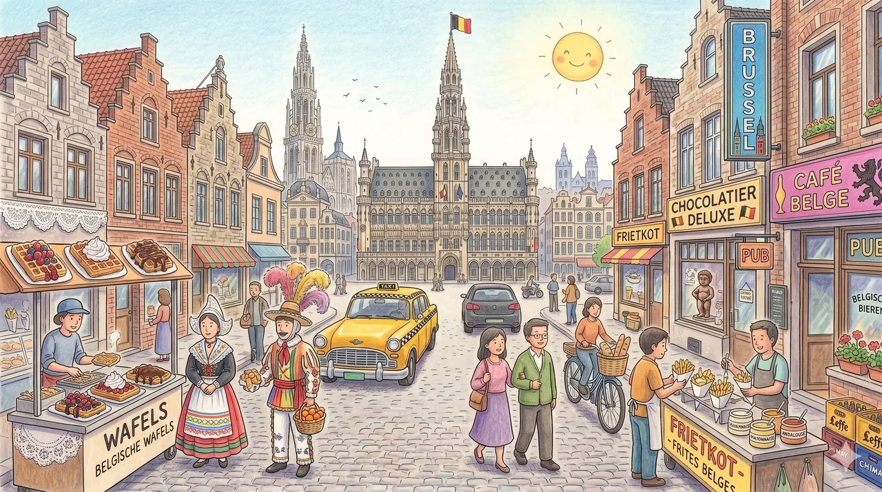 Illustrated storybook street scene in Belgium