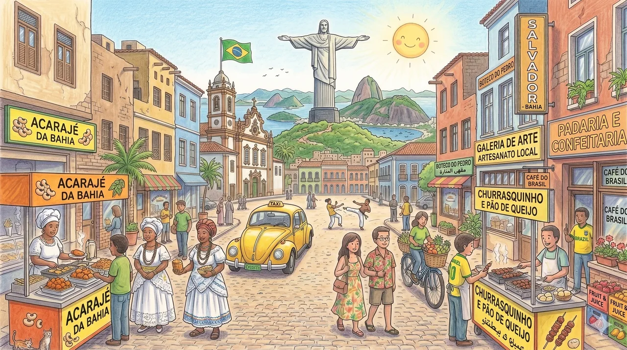 Illustrated storybook street scene in Brazil