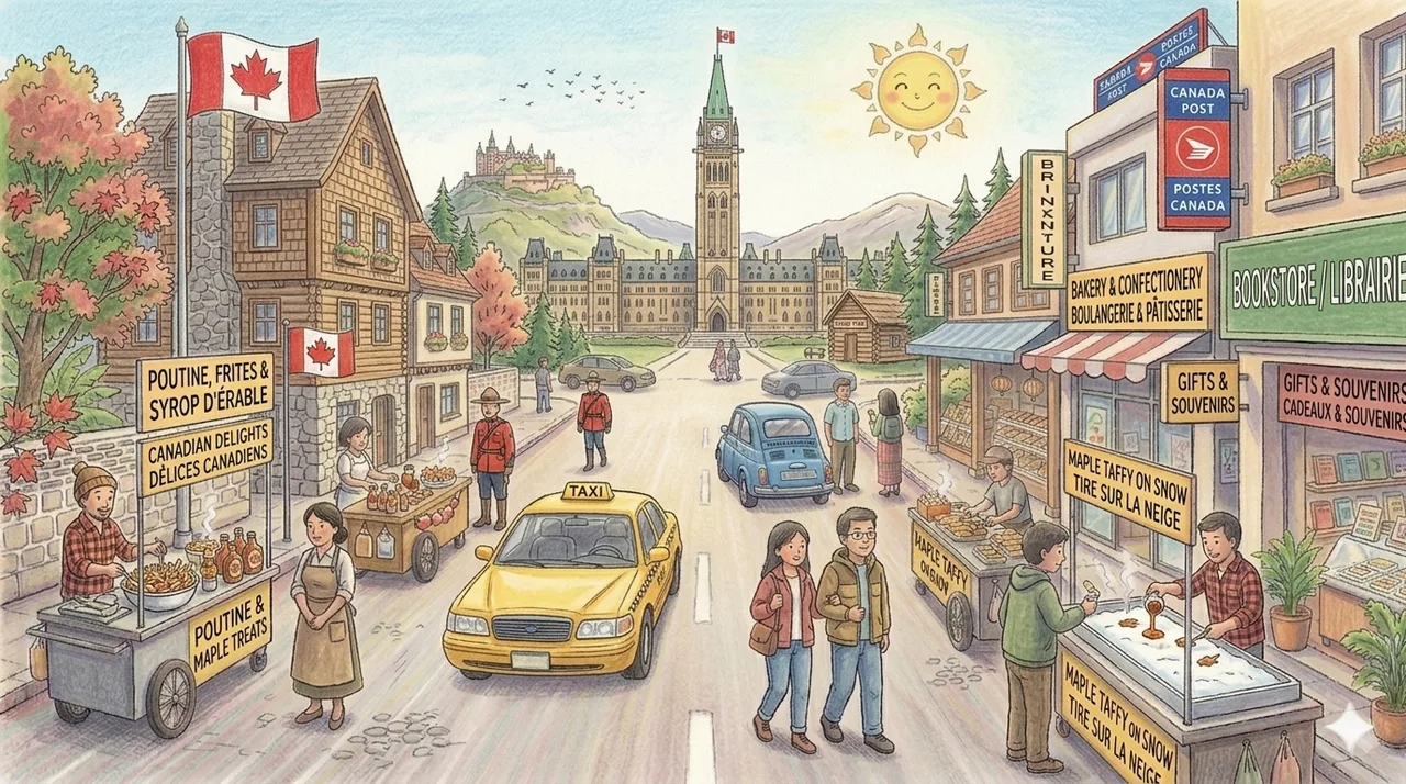 Illustrated storybook street scene in Canada