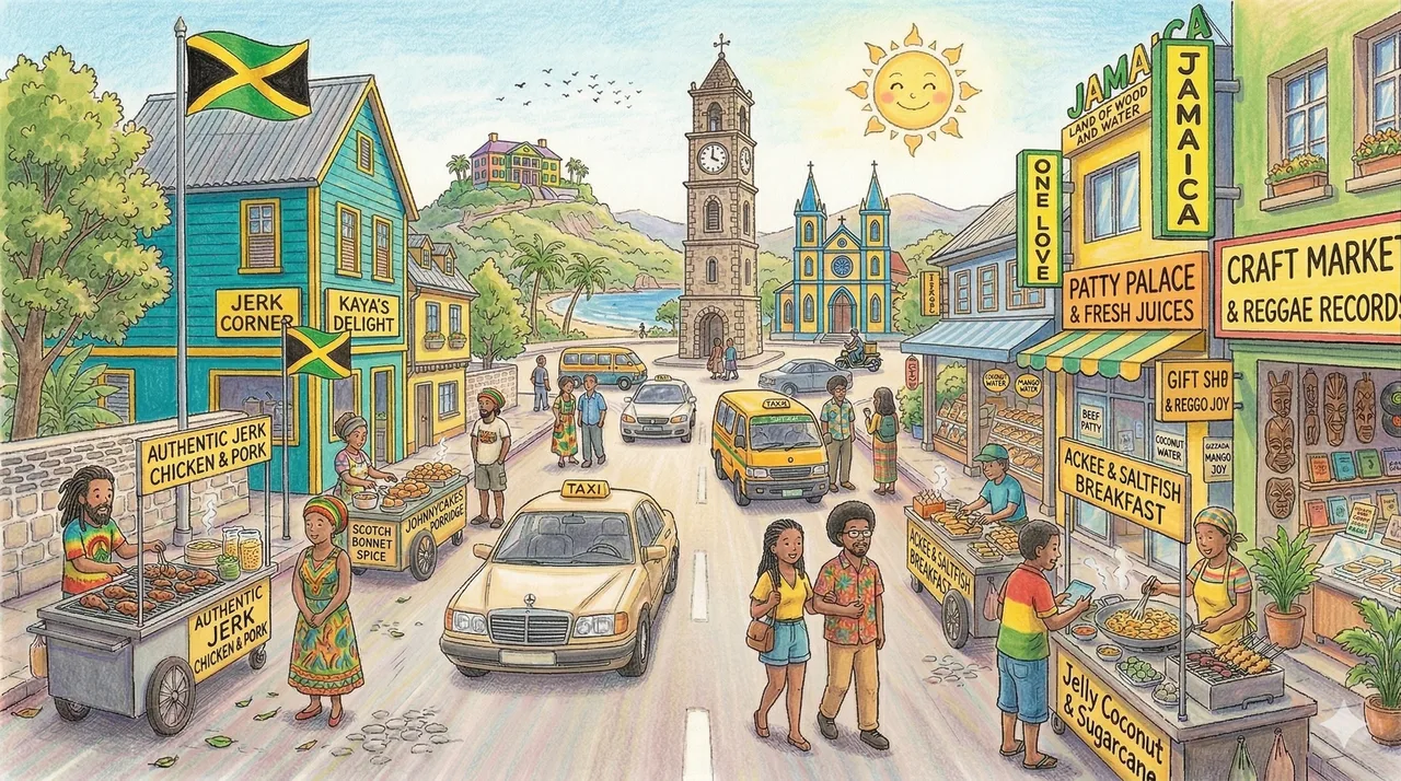 Illustrated storybook street scene in Costa Rica