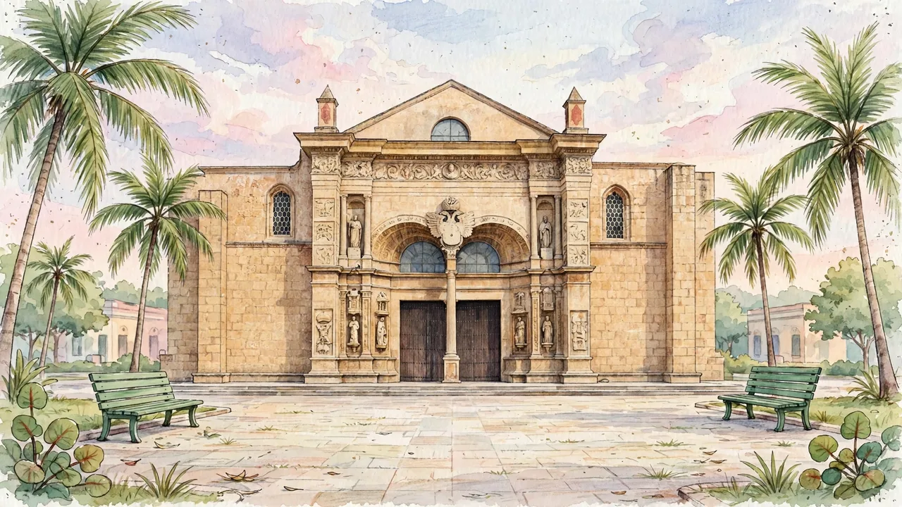 Illustrated storybook street scene in Dominican Republic