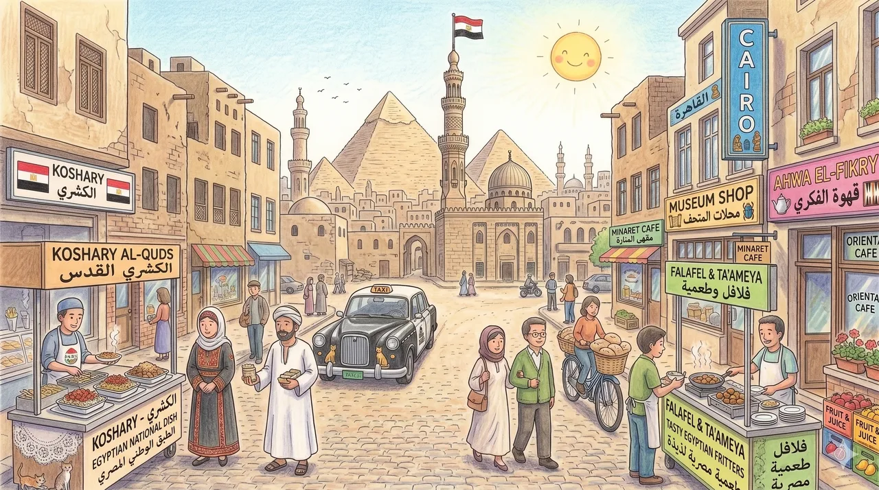 Illustrated storybook street scene in Egypt