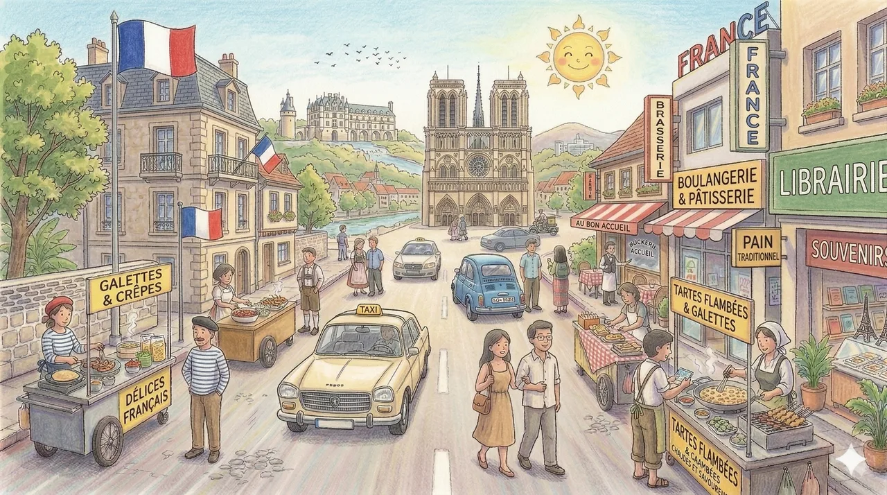 Illustrated storybook street scene in France
