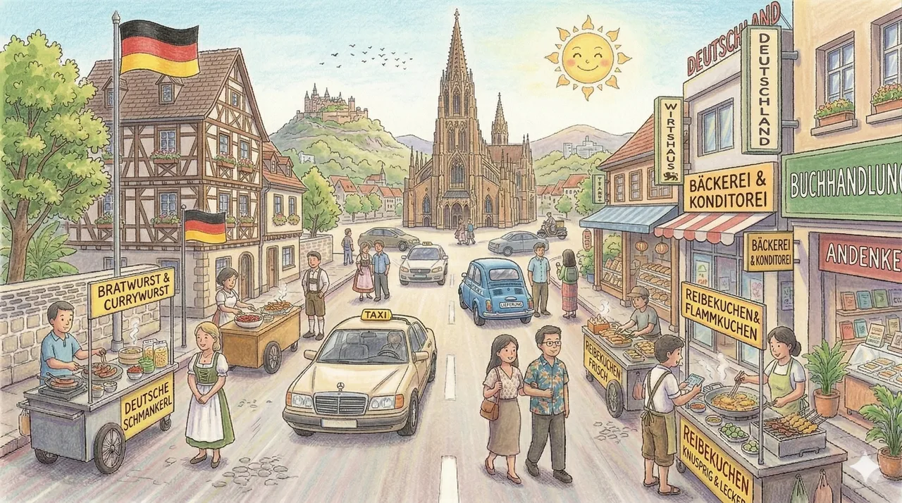Illustrated storybook street scene in Germany