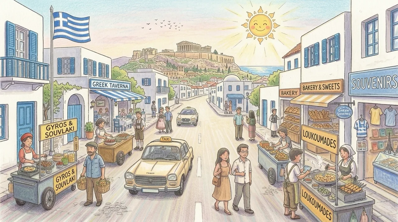 Illustrated storybook street scene in Greece