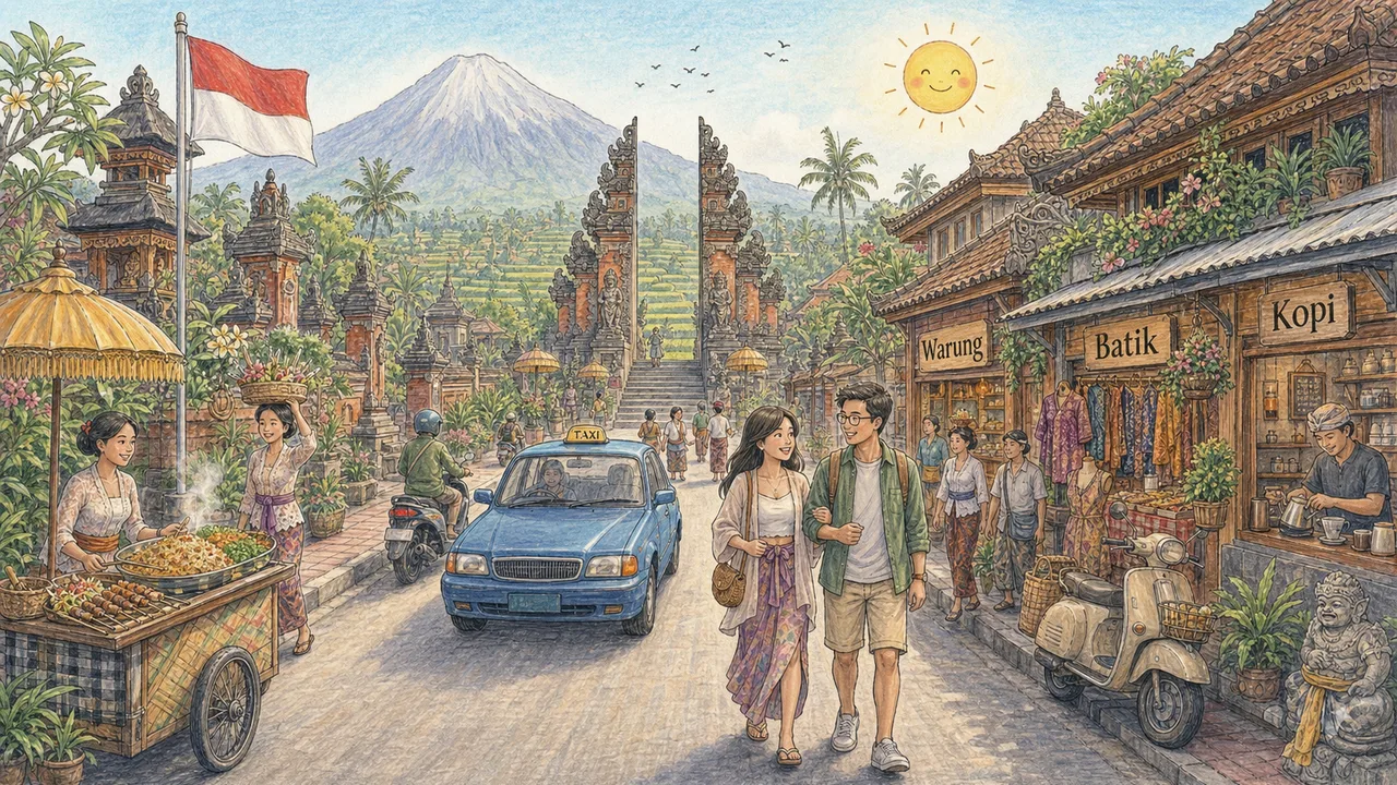 Illustrated storybook street scene in Indonesia