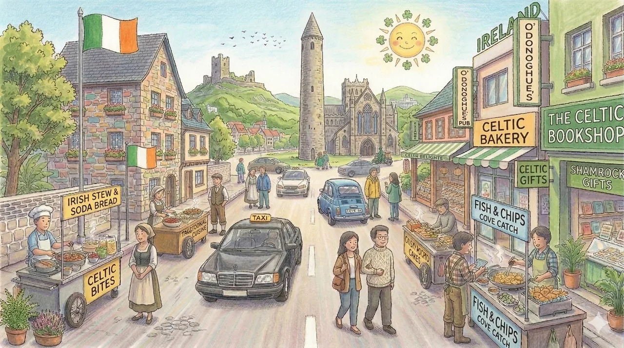 Illustrated storybook street scene in Ireland