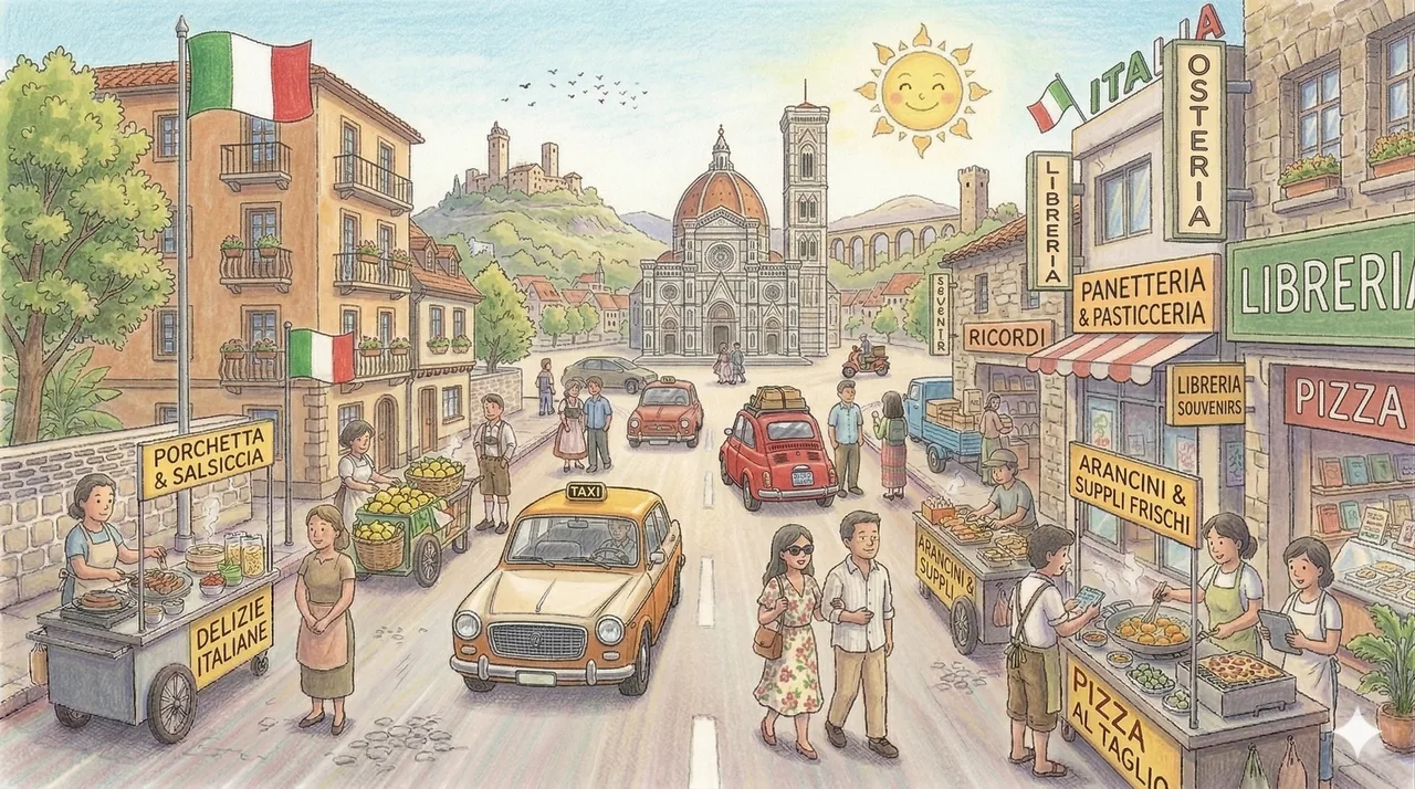 Illustrated storybook street scene in Italy