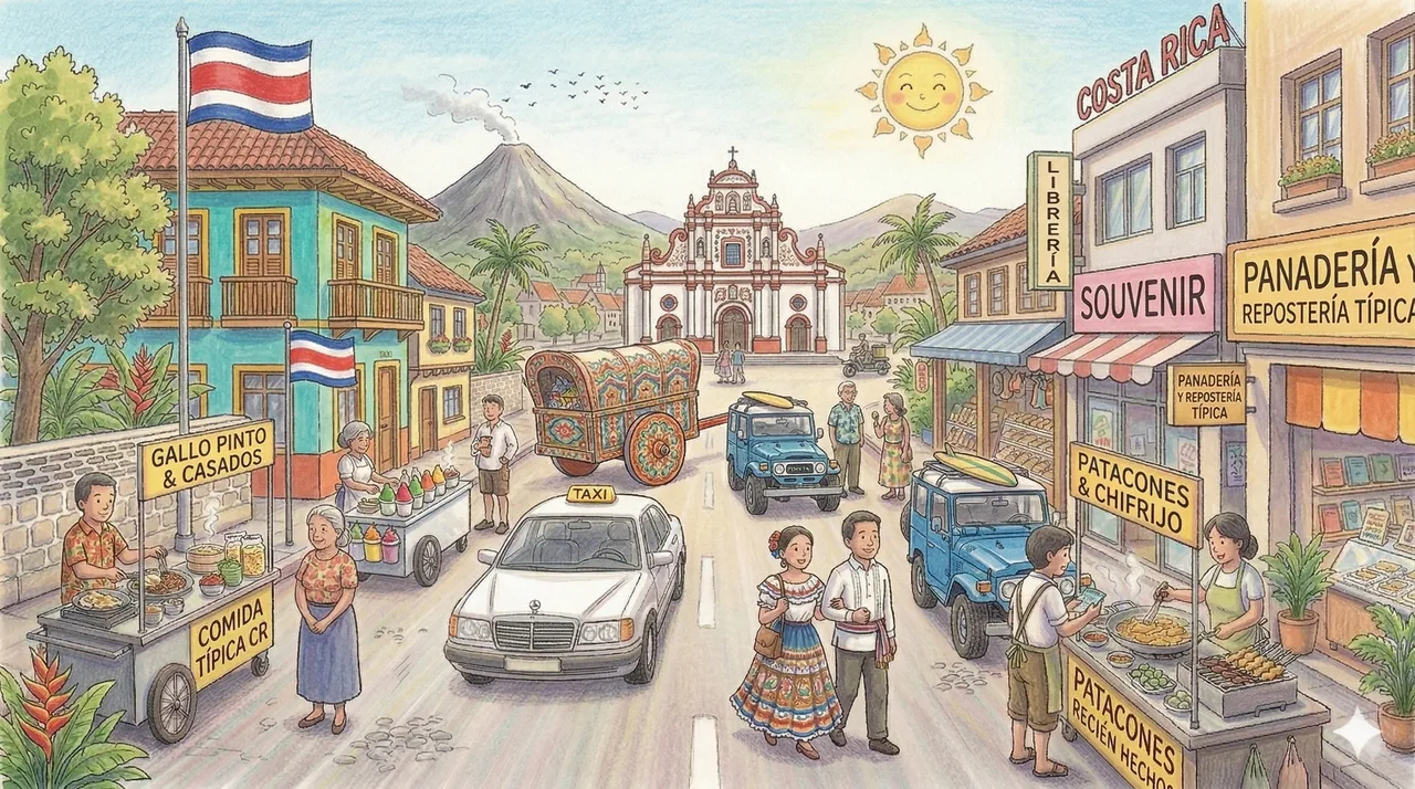 Illustrated storybook street scene in Jamaica