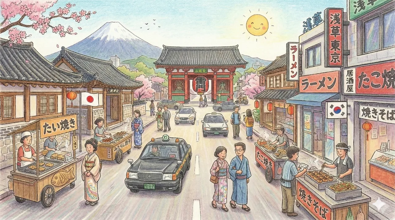 Illustrated storybook street scene in Japan