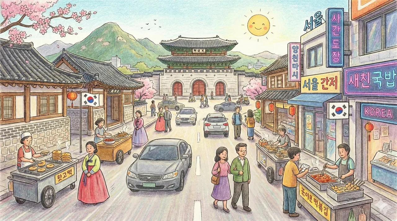 Illustrated storybook street scene in Korea