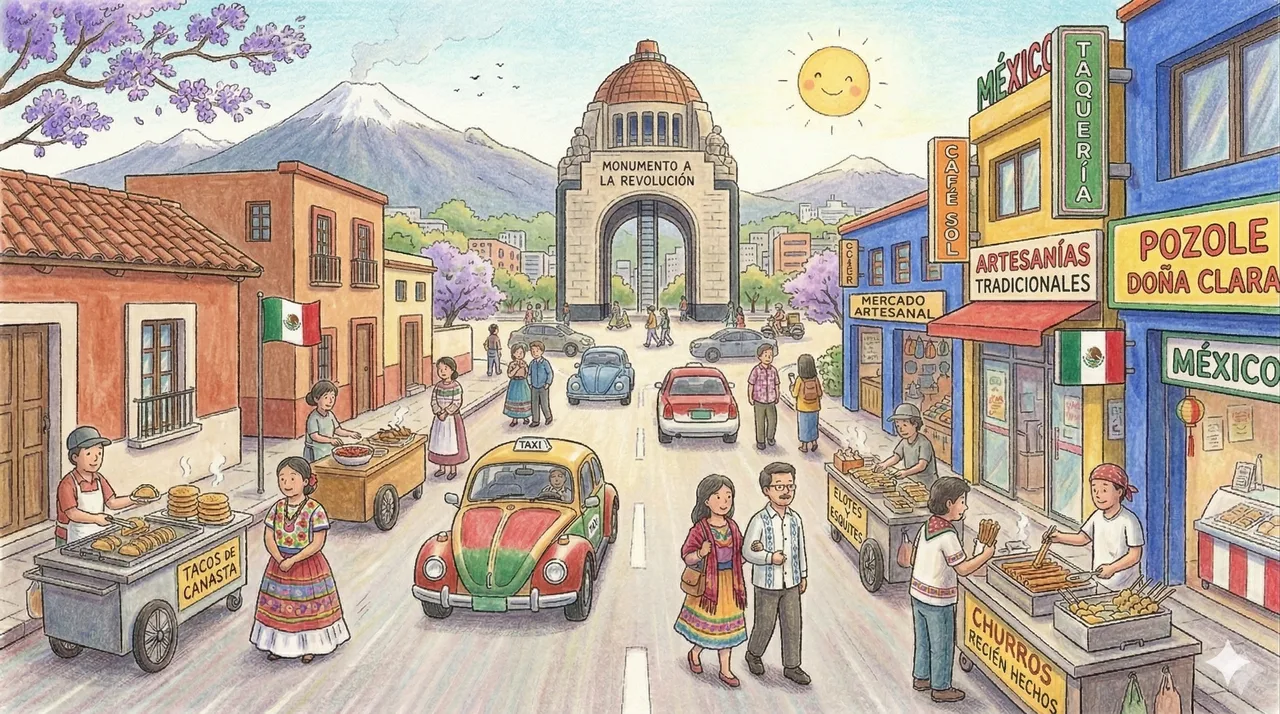 Illustrated storybook street scene in Mexico