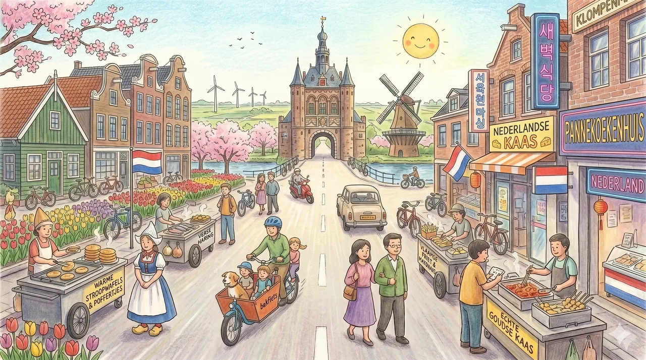 Illustrated storybook street scene in Netherlands