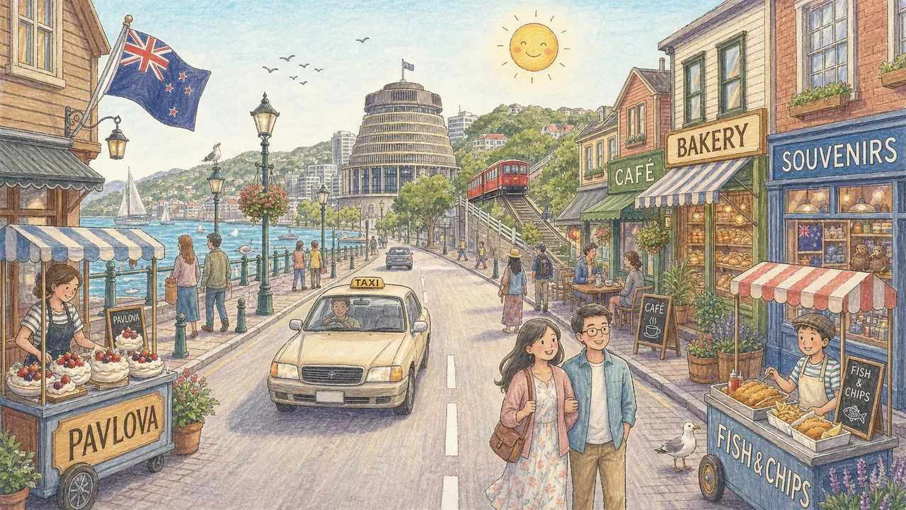 Illustrated storybook street scene in New Zealand